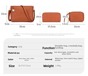 Detailed dimension guide for the woven handbag set showing sizes for multiple bags