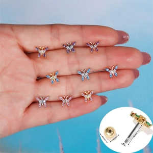 Butterfly Stud Earrings With Stainless Steel Earring Post Cubic Zirconia Brass Base Screw Ball Back Piercing Jewelry Minimalist For Women