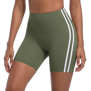 Macro detail of high-waist yoga shorts in army green with side white stripes
