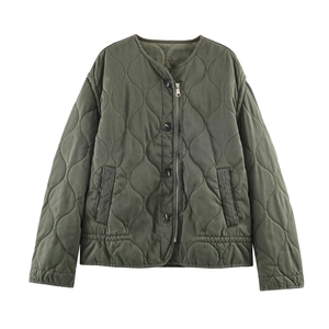 Women Vintage Quilted Jacket Cotton Padded Coat Round Neck Long Sleeve Casual Outerwear