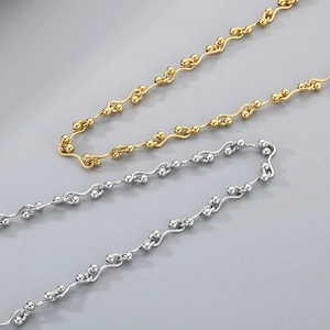 Hip hop style gold and silver stainless steel wavy chain necklaces with small metal beads
