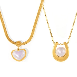 French vintage gold heart pearl pendant necklace with sleek snake chain for women