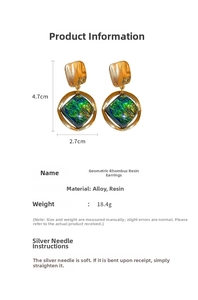 Detailed size specifications for vintage green resin geometric diamond dangle earrings