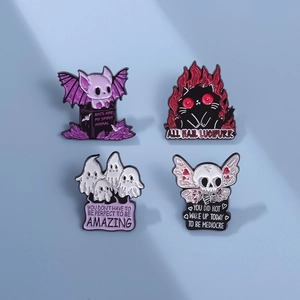 Set of 4 punk style enamel pins featuring ghost, bat, and cat designs for Halloween