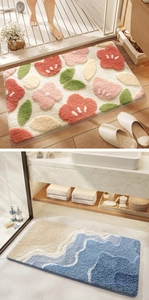 Detailed plush texture of floral and wave pattern absorbent non-slip bathroom mats
