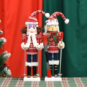Christmas Nutcracker Wooden Skiing Boy And Girl Figures Knitted Sweater Faux Fur Soldier Ornament Holiday Table Decor