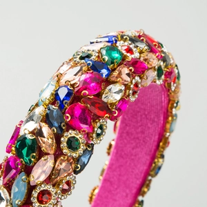 Padded velvet headband with vibrant colorful gemstones and crystals for parties