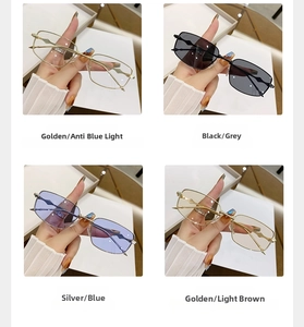 Detail of square metal frame sunglasses in gold, black and silver with geometric temples