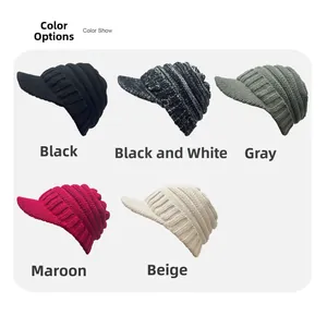 Detail view of knit visor beanies in black, mixed grey, red, and beige colors