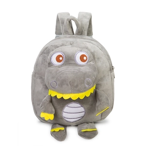 Cute gray plush dinosaur backpack for toddlers with adjustable straps and yellow details