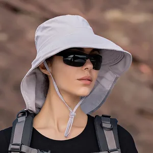 Outdoor light grey sun hat with wide brim, windproof cord and neck flap for women