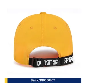 Detail of yellow baseball cap back with adjustable black strap and white Sports lettering