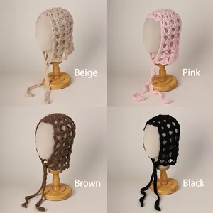 Handmade crochet mohair bonnet with ties in beige, pink, coffee, and black colors