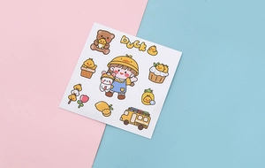 Detailed view of cute cartoon PVC stickers with girl, duck, and bear motifs for water bottles