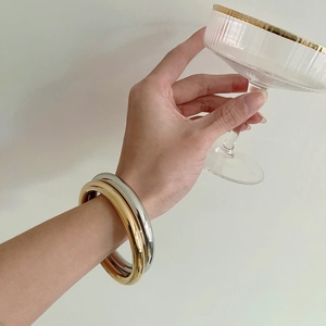 Minimalist Stainless Steel Bangle For Women 18K Gold Plated Oval Hollow Tube Polished Metal Bracelet Trendy Jewelry Gift