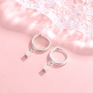 Minimalist s925 sterling silver hoop earrings with geometric cube charms for women