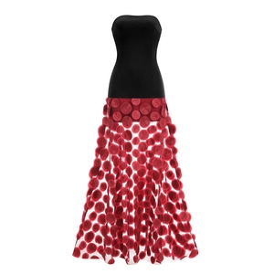 Detail of black tube top bodice with red sheer tulle skirt featuring decorative polka dots