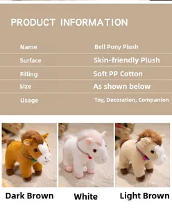 Detail view of plush pony dolls in three colors with soft plush fabric and bell collar