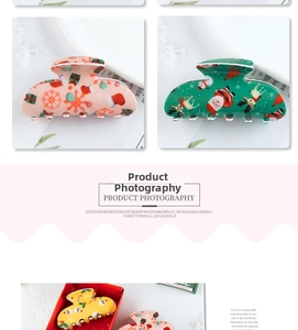 Detail showing Christmas bear cookie and Santa Claus hair claw clips with festive patterns