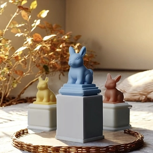 Detailed view of rabbit candles on square bases with matte texture in diverse colors