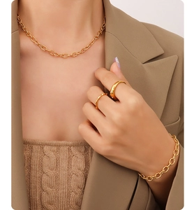 Close-up of 18K gold plated thick chain necklace and bracelet set worn by a fashion model