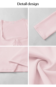 Details von rosa Y2K-Spitze, eckigem Ausschnitt und Nähten am Langarm-Oberteil