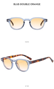 Front and 45-degree views of blue frame sunglasses with orange gradient lenses