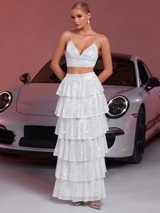 Women Sequin Camisole And Tiered Long Skirt Polyester Glamorous V-Neck Sleeveless Layered Cake Skirt Sexy Party Clubwear