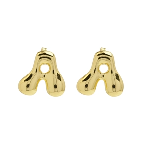Detailed view of chunky 3D bubble letter A stud earrings with 18k gold plated finish