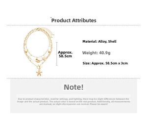 Detailed view of layered gold necklace with seashell charms and size specifications