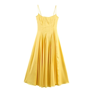Elegant Yellow Satin Camisole Maxi Dress With Adjustable Straps High Waist Large Pleated Hem For Women
