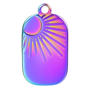 Rainbow stainless steel sun pendant with embossed sunburst pattern on white background