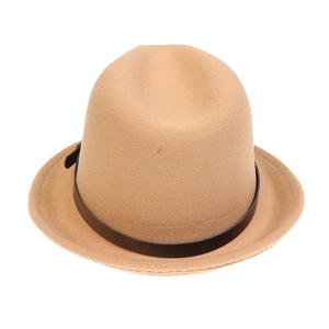 Close-up of a camel wool felt fedora hat featuring a brown leather belt with metal buckle