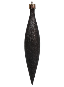 Close-up of a long black teardrop Christmas ornament with sparkling glitter finish