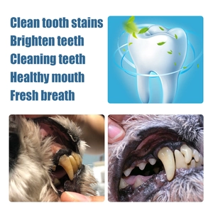 Before and after comparison of pet dental cleaning pen removing tartar and whitening teeth
