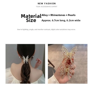 Detailed size view of butterfly hair claw clip with rhinestones and pearls 6.7x6.2cm