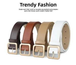 Detail of four colorful PU leather belts with square gold buckles and edge stitching