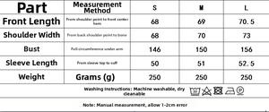 Detailed size chart for women spring collection including length and bust measurements