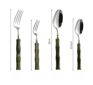 Bamboo-shaped green handle 304 stainless steel cutlery set with spoons and forks
