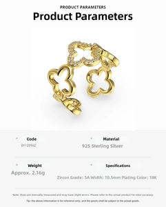 Detail of 925 sterling silver four-leaf clover ring with 5A zircon and 18K gold plating