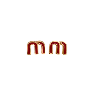 Minimalist gold-plated letter M earrings with red enamel inlay for elegant women