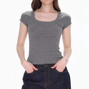 Detail of grey U-neck slim fit short sleeve t-shirt showing elastic ribbed fabric texture