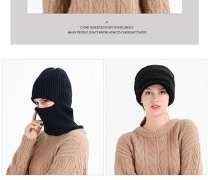 Detailed views of a black knitted balaclava showing full face cover and beanie modes