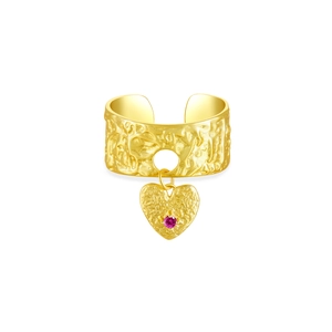 Textured gold heart charm ring with pink zircon gemstone and hammered finish