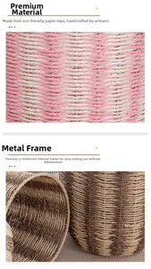 Close-up of handmade woven basket with eco-friendly paper rope and thick metal frame