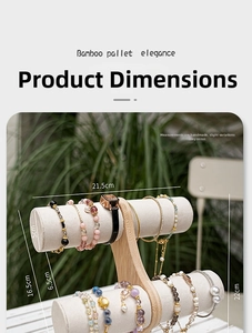 Detail of a 3-tier bamboo jewelry stand with premium beige velvet cylinders for bracelets