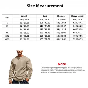 Detailed size chart for men corduroy patchwork sweatshirt with measurements in cm and inches