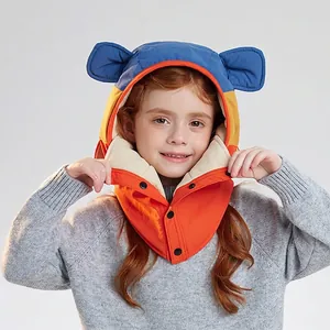 Kinder Wintermütze mit Fleecefutter, Bärenohren und Windschutz in Blau und Orange