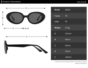 Detailed size chart for retro cat eye sunglasses showing frame and lens dimensions