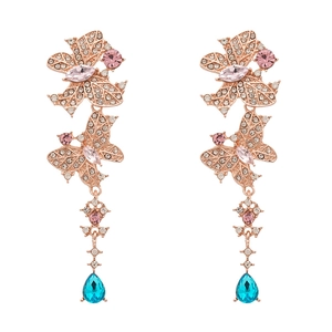 Elegant rose gold butterfly tassel earrings with sparkling crystals and blue teardrops